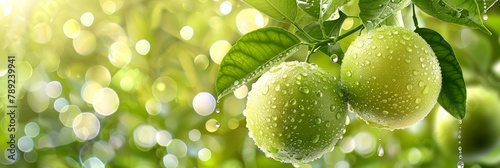 Macro close up of juicy pomelo fruit on tree with dew drops, ideal banner with space for text © Andrei
