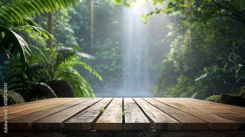 A wooden table in a lush jungle setting.