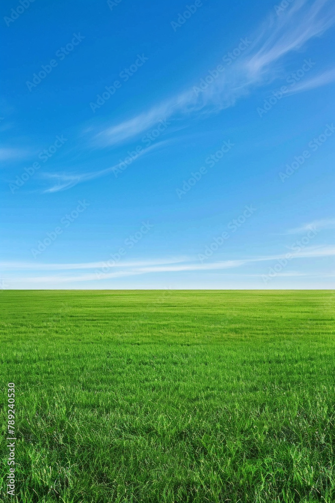 A wide green grass field with a blue sky