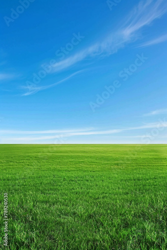 A wide green grass field with a blue sky © grey