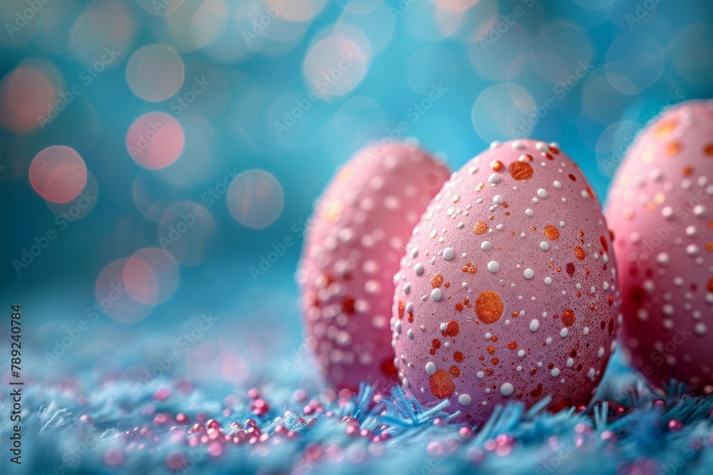 Several Easter eggs with unique pink and orange patterns set against a bright blue textured surface Several Easter eggs with unique pink and orange patterns set against a bright blue textured surface