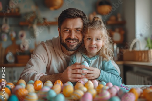 A heartwarming moment captured as a father and his young daughter smilingly hold an Easter egg together photo