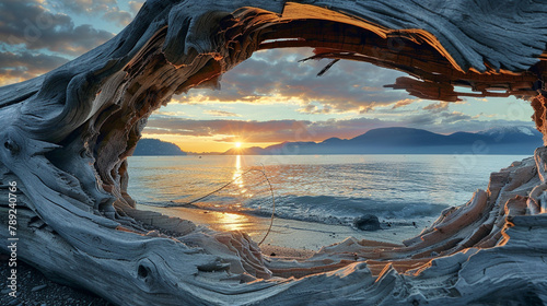 Driftwood cut out beach sunset background © Maximilien
