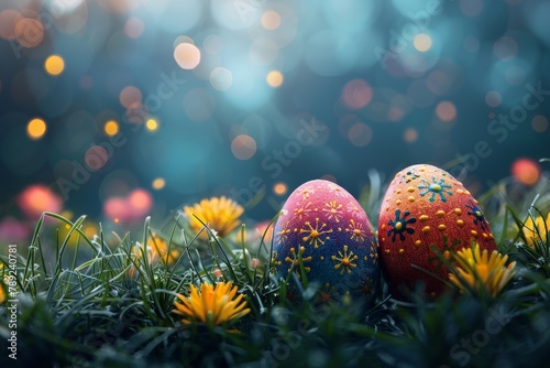 Decorated Easter eggs with detailed patterns and bright colors are nestled in grass  symbolizing joyful Easter festivities