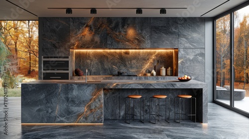 A contemporary kitchen design featuring marble countertops, backdrops, and a minimalistic style with warm lighting