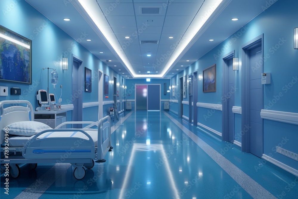 An empty, brightly lit hospital corridor lined with beds and medical equipment, emphasizing cleanliness and preparation An empty, brightly lit hospital corridor lined with beds and medical equipment, emphasizing cleanliness and preparation
