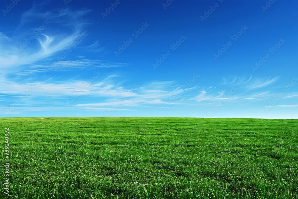 A wide green grass field with a blue sky A wide green grass field with a blue sky