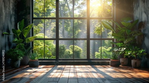 Sunny indoor room with a variety of potted plants by a large window overlooking a lush green forest