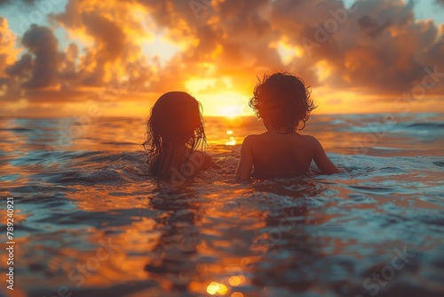 Two kids submerged in ocean water, relishing the vibrant sunset ahead of them © Odin AI