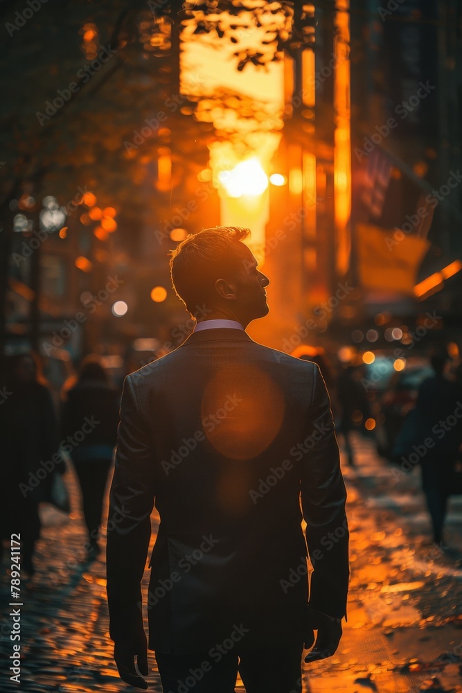 The silhouette of a man stands out against the vibrant sunset colors reflecting off the wet streets of the city