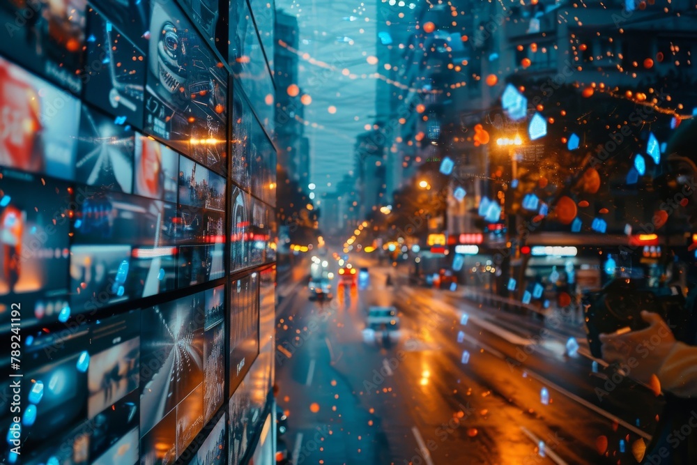 A dynamic view of city life as blurry lights and traffic are captured on a rain-soaked street during an evening downpour