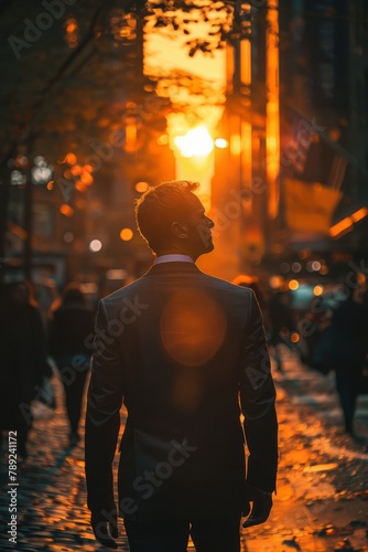 The silhouette of a man stands out against the vibrant sunset colors reflecting off the wet streets of the city © Odin AI