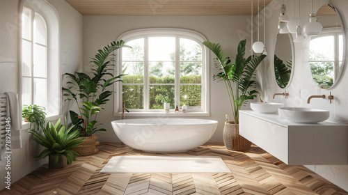 Elegant bathroom with white walls white basin with ova © Daniel