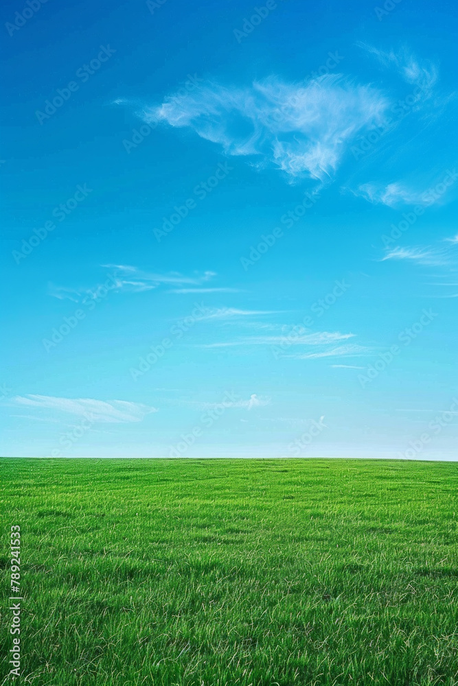 A wide green grass field with a blue sky