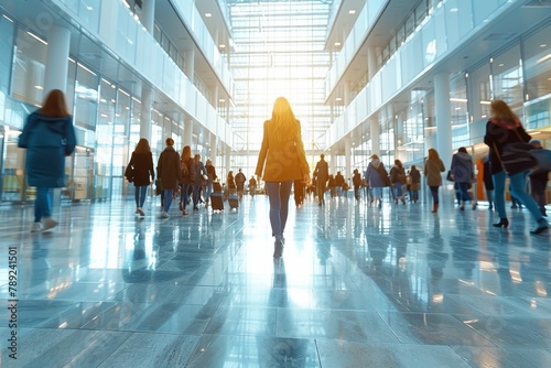 The image shows a busy airport terminal bathed in sunlight with travelers walking around, creating a feeling of movement and travel