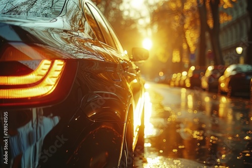 A vibrant sunset casts warm reflections on a parked car within an urban environment, highlighting the interplay of nature and the city