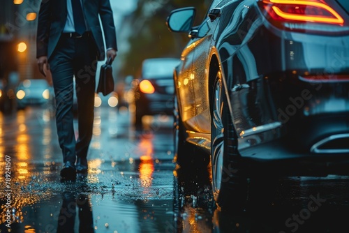 The image portrays a solitary businessman walking in the rain with cars around, suggesting themes of determination and urban life