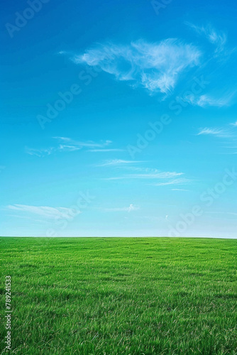 A wide green grass field with a blue sky