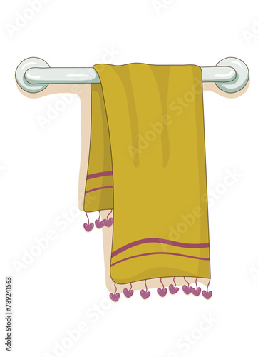 Cartoon heated towel rack with yellow color towel. Wash. Clean. Children about cleanliness. Isolated on white background. Heated towel rack in bathroom interior decoration. Vector illustration.