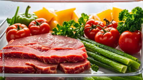 Raw meat patties in the refrigerator, cut steak, delicious food ingredients, and restaurant chefs