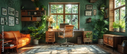 A beautifully decorated home office with a fresh green theme, multiple plants, and comfortable furniture for a creative mind
