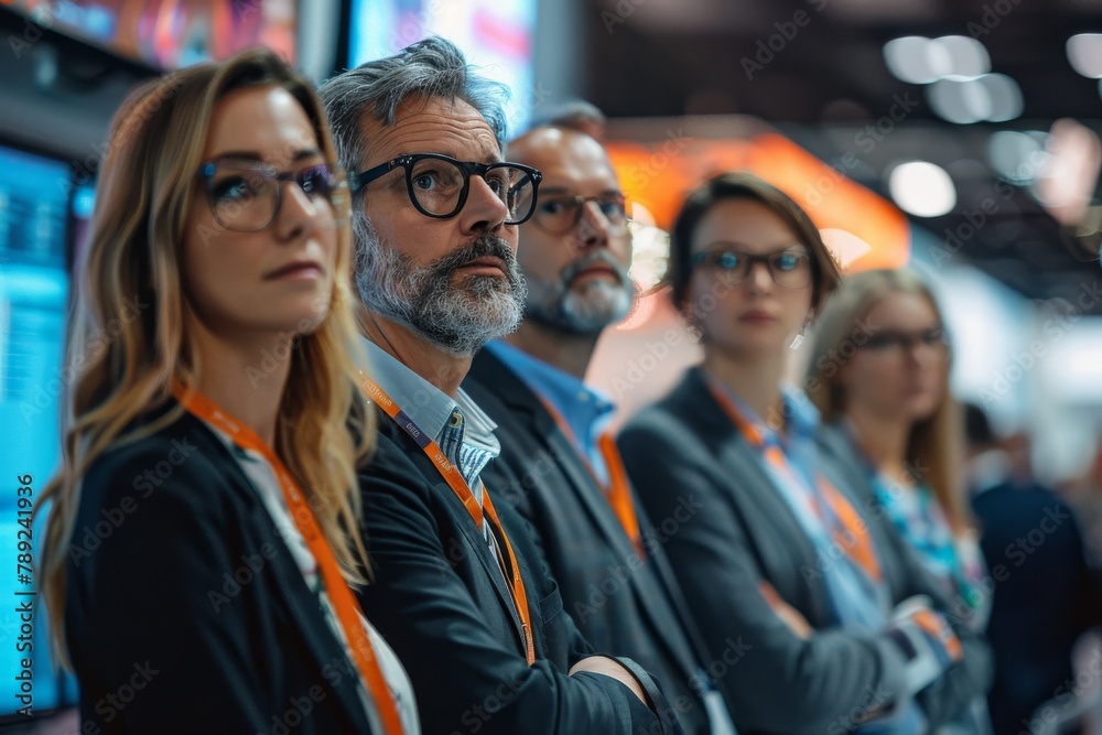 A group of concentrated professionals are observing a demonstration at a high-tech expo, indicating teamwork and innovation A group of concentrated professionals are observing a demonstration at a high-tech expo, indicating teamwork and innovation