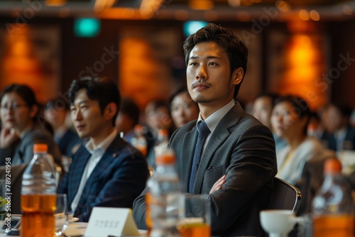 A young Asian businessman is depicted listening intently at a conference, symbolizing focus and professional growth