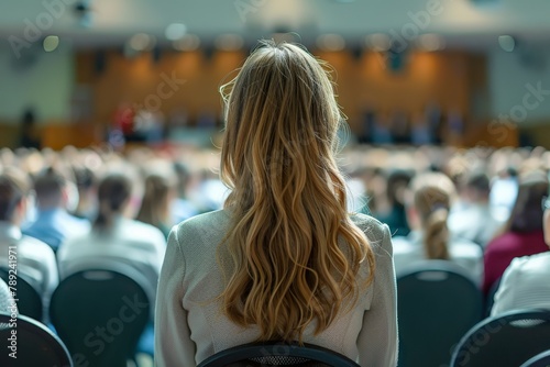 A professional woman's focused perspective in a busy business conference setting, signifying involvement and education