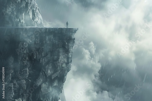 : A tense scene of a person standing on a narrow ledge, with a sheer drop below, and a stormy sky overhead