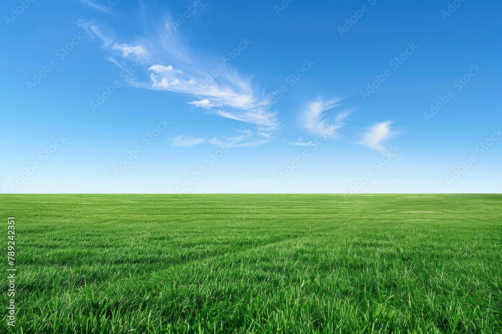 A wide green grass field with a blue sky