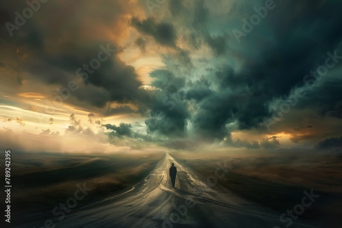 : A tense scene of a person standing at a crossroads, with a stormy sky overhead, and a fork in the road leading off into the distance