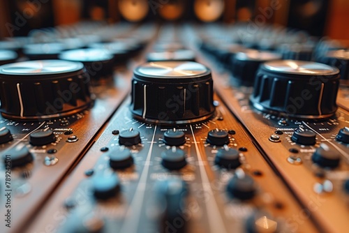 Close-up of a modern professional audio mixing board's detailed knobs and dials in a recording studio environment