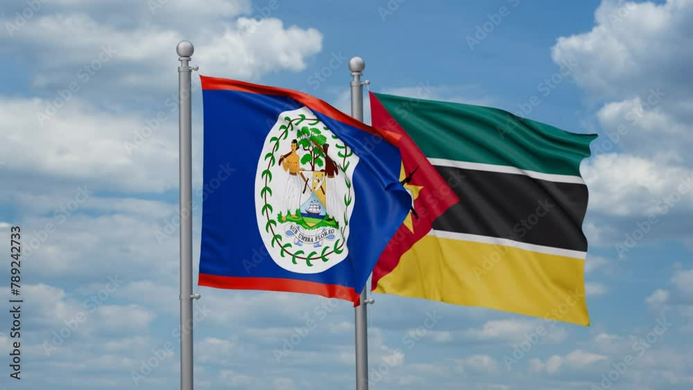 Mozambique and Belize two flags waving together, looped video, two country cooperation concept Mozambique and Belize two flags waving together, looped video, two country cooperation concept