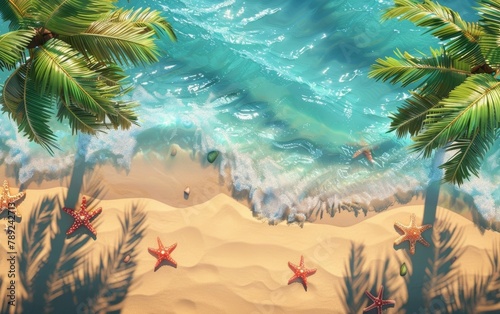 Sweeping panorama of the azure ocean with rolling waves crashing onto the sandy shore  surrounded by vibrant tropical palm leaves. Copy space for advertising  presentation product or text.