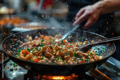 Live action shot of cooking scrumptious food with spices jumping off the hot pan for a truly appetizing visual