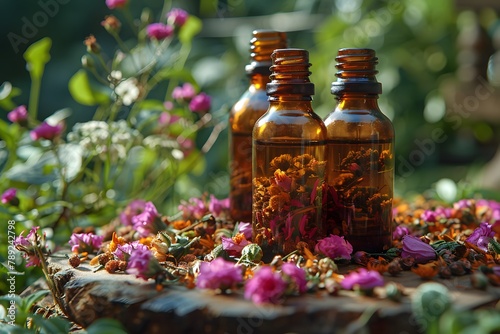 Three Bottles Filled With Flowers on Wooden Table. Generative AI