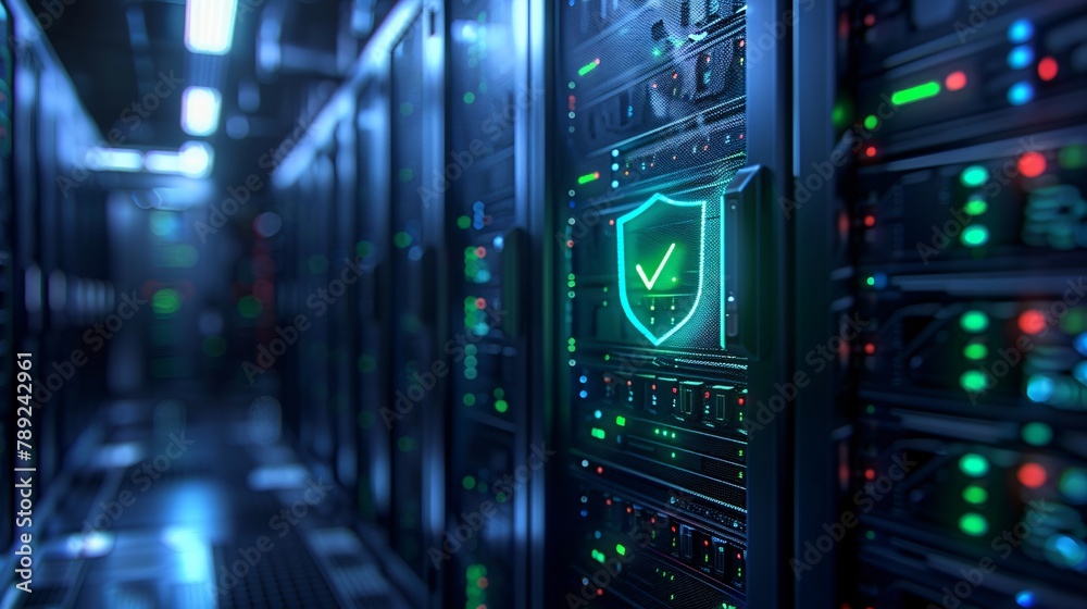 A dark and mysterious server room with a green checkmark glowing on one of the servers.