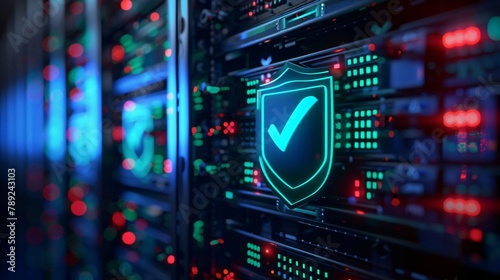 A glowing green checkmark security on a server rack with a dark background.