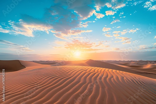 : A sweeping shot of a vast desert landscape, with massive sand dunes and a clear blue sky, with the sun setting in the distance