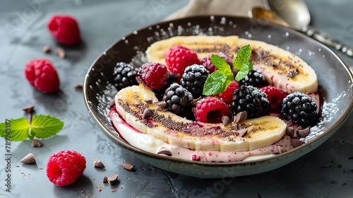 Healthy banana split breakfast with cream cheese raspberries blackberries mint white and pink chocolate