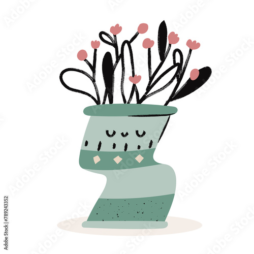 Cute flowers in a pot with doodle kawaii face. Textured hand drawn isolated flowers