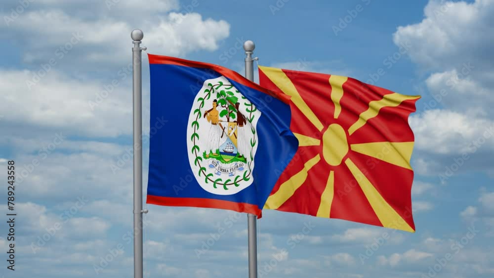 Belize and North Macedonia two flags waving together, looped video Belize and North Macedonia two flags waving together, looped video