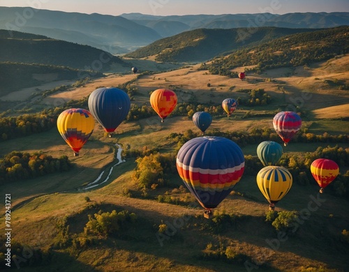 Colorful hot air balloons floating over a scenic valley 