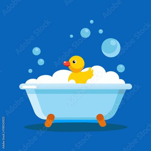 Bathtub with foam bubbles inside and bath yellow rubber duck isolated on blue background. Bath time in flat style vector illustration