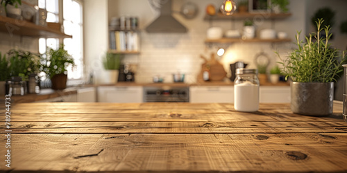  empty wooden table in modern kitchen interior with Blurred background . for product display, copy space. A kitchen counter in a home or restaurant, 