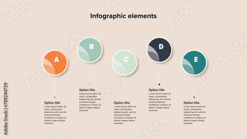 Business process chart infographics with 5 step circles. Round workflow graphic elements. Company flowchart presentation slide. Vector info graphic in flat design