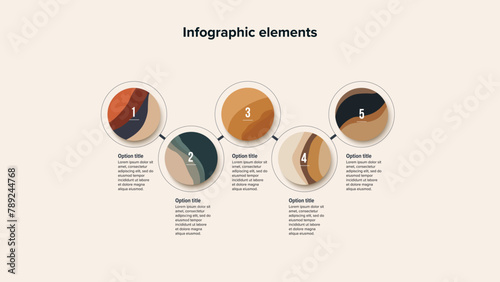 Business process chart infographics with 5 step circles. Round workflow graphic elements. Company flowchart presentation slide. Vector info graphic in flat design