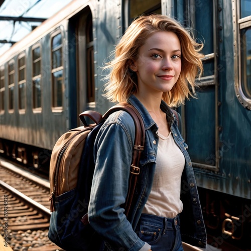 woman carrying backpack next to train (smiling), casual young tourist traveller by rail 