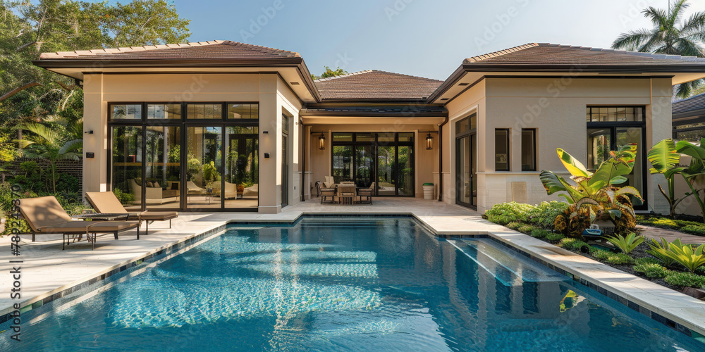 Modern house with swimming pool and terrace in the style of white modern architecture. Exterior of modern villa