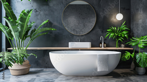 Interior of modern bathroom with white and dark walls